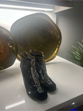 Embellished Black Peep-Toe Ankle Heels